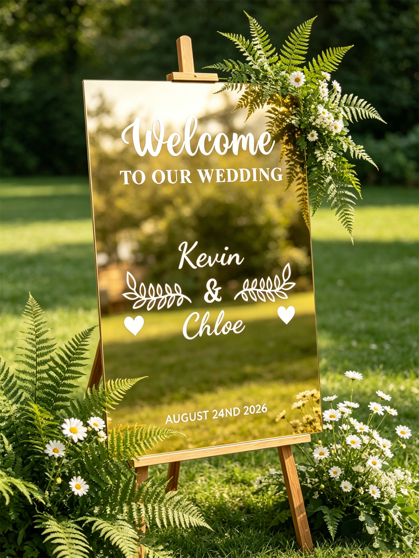 Mirror acrylic welcome signs, golden mirror wedding direction signs, custom wedding direction signs, ceremony welcome signs